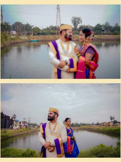 A diptych of the couple posing by a lake, showcasing both a classic portrait and a more candid, artistic shot with a rainbow flare.