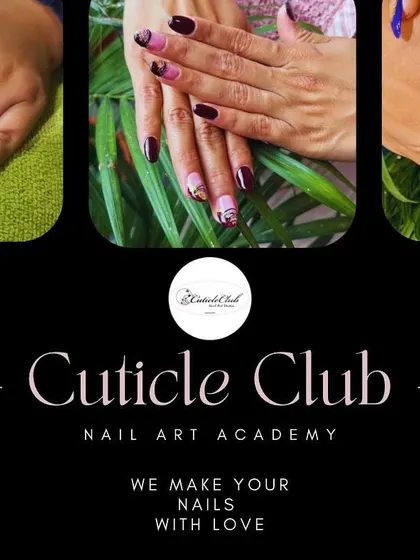 A collage showcasing the variety of services and classes I offer at Cuticle Club Nail Art Academy. We make your nails with love and teach you to do the same.