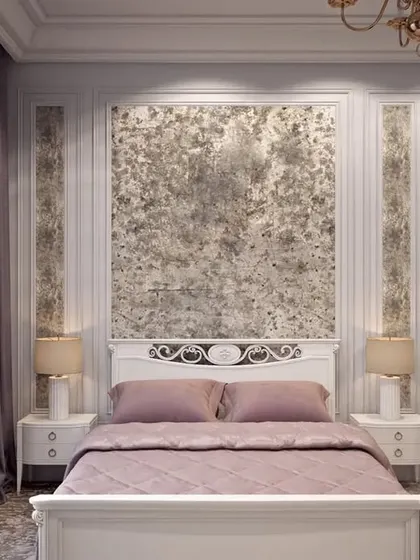 A bedroom design centered around two large, framed textured art panels that act as a unique headboard feature.