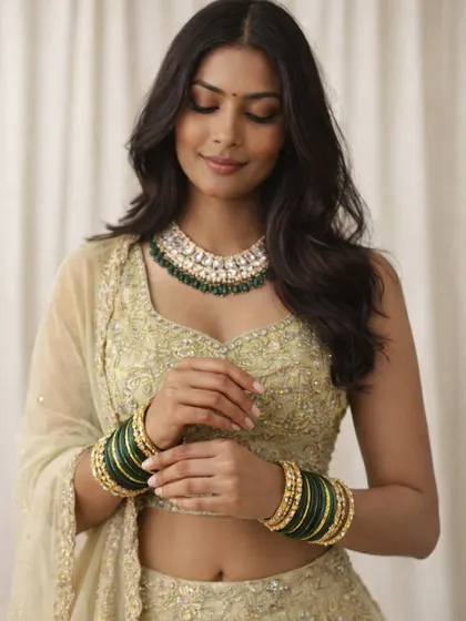 A beautiful close-up showing the intricate embroidery on the blouse and the matching green and white jewellery set. This highlights how you can get a complete, coordinated look.
