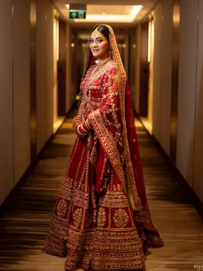 A side view of the full look, showing the beautiful drape of her dupatta.