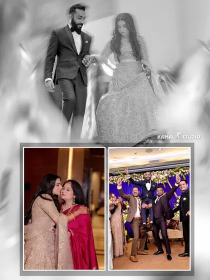A collection of elegant engagement portraits of a couple in a modern hotel lobby, showcasing their sophisticated style.