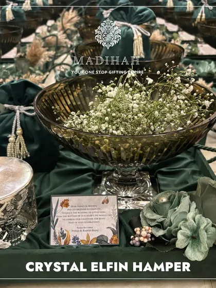 The Crystal Elfin Hamper, showcasing the elegant crystal bowl filled with baby's breath. This is how I create an enchanting and memorable gifting experience for your guests.