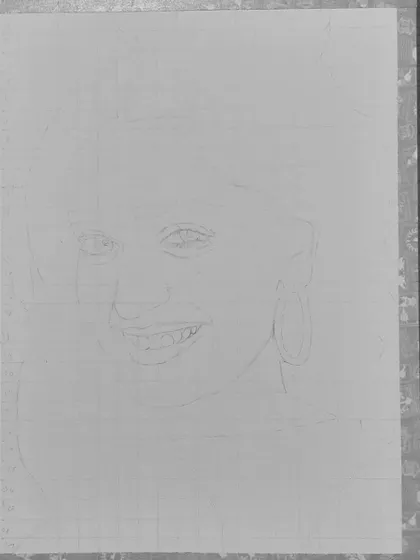 See how I drew Niharika NM's portrait. These images show the process from the initial grid and eye sketch to the final rendering of her hair and smile.