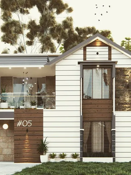 A charming and compact home design featuring white siding and a gabled roof element, giving it a modern cottage feel. The glass-railed balcony provides a cozy outdoor space.