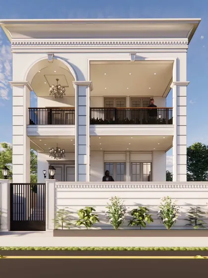 The front facade of the classical villa, where grand arches and chandeliers create a sense of opulence. This home exemplifies the fusion of classical design with modern amenities.
