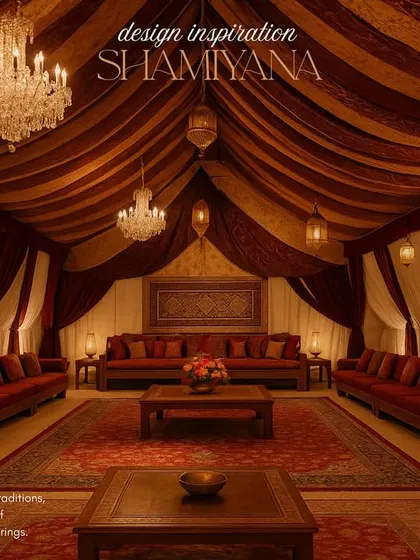 The design inspiration for a 'Shamiyana' style lounge. This mood board shows a traditional tented space with rich red fabrics, low seating, and elegant chandeliers, which served as the blueprint for our grand dining hall.