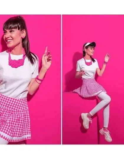 For the "Barbie Party" editorial in Hello! Magazine, I styled this fun and preppy look. It features a classic white tee paired with a pink gingham skirt, visor, and chunky sneakers for a playful, nostalgic vibe.