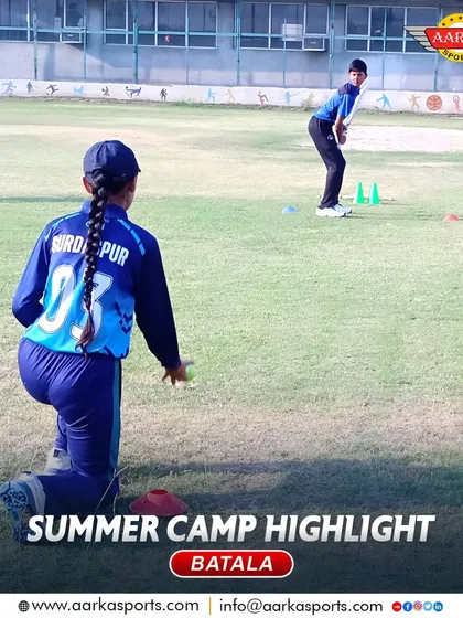 A young female cricketer during a fielding drill at the Batala summer camp. We are proud to support and train female athletes.