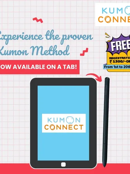 The proven Kumon Method is now available on a tablet. This graphic highlights the convenience of our digital program, which is perfect for today's tech-savvy kids.