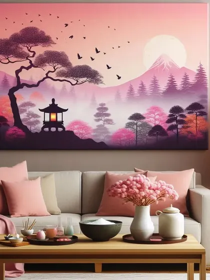 Create a peaceful retreat with Japanese-inspired Zen art. This serene landscape painting, featuring a pagoda and Mount Fuji in soft pink hues, transforms this living room into a calm and restful space.