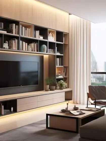 For this living room, I created a full-wall entertainment center that doubles as a library. The design incorporates extensive shelving for books and decor, seamlessly integrating the television to create a sophisticated and functional focal point with a view of the Bangalore cityscape.