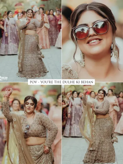 A fun collage capturing the energy of the 'dulhe ki behen' (groom's sister) and other guests during the baraat.