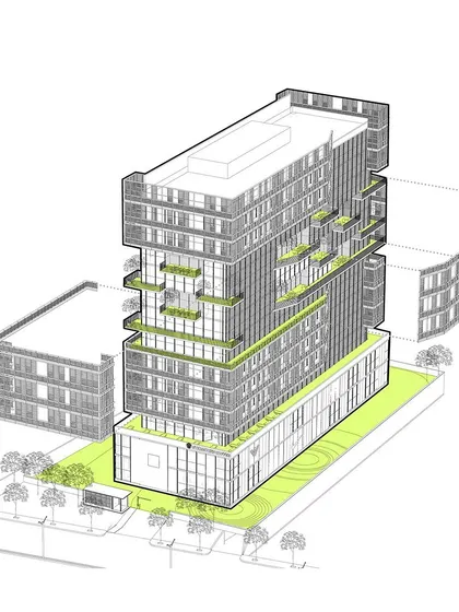 This "Urban Sponge" diagram shows our approach to designing office building envelopes that incorporate green balconies and terraces, absorbing the urban environment.