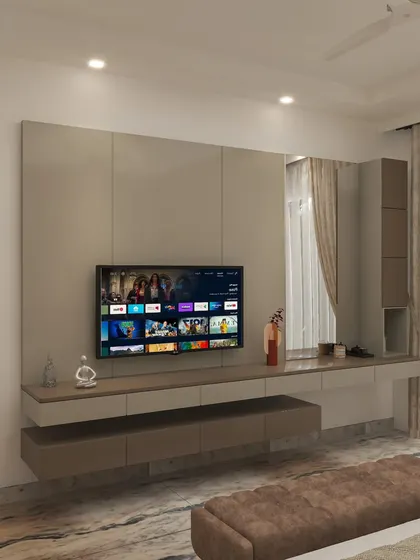 A sleek, modern TV and dresser unit in beige and brown high-gloss finish, designed for the master bedroom to be both functional and stylish.