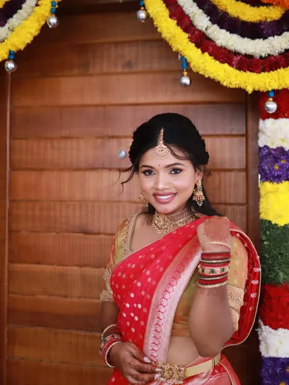 A happy and smiling Rachana. Her traditional attire is complemented by a makeup look that is both classic and fresh.