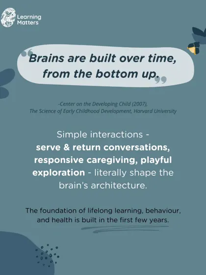 "Brains are built over time, from the bottom up." This core concept from Harvard University's Center on the Developing Child guides our focus on responsive caregiving and playful exploration in the early years.