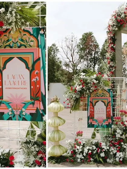 A collage featuring a vibrant, custom-designed 'Lagan' (wedding ceremony) sign. The colorful, modern-traditional artwork adds a unique and artistic flair to the event.