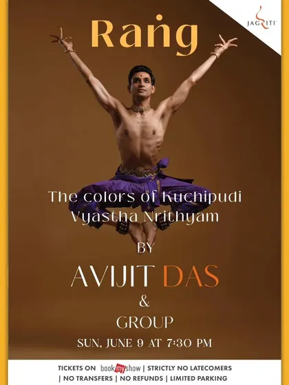 The poster for "Rang: The Colors of Kuchipudi Vyastha Nrithyam," a vibrant group performance of the classical Indian dance form.