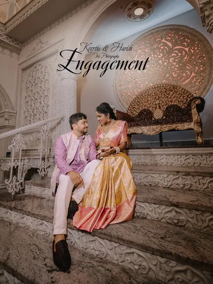 An engagement shoot with a touch of grandeur. The stunning architecture of the venue provided a perfect backdrop for this elegant couple portrait, showcasing a more formal and classic style.