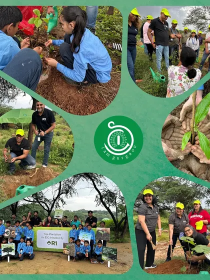 A collage showing employees from R1 RCM and students from Maanas Shiksha School working together to plant 2500 native saplings at Aravali Nagar Van.