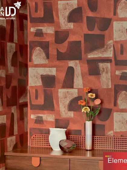 An abstract, geometric wallpaper from Élitis in warm, earthy red tones. This design, featured in our India Design promotion, is perfect for creating a feature wall with an artistic and contemporary feel.