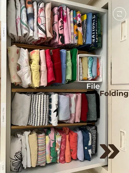 File folding isn't just for adults. We use this technique in kids' drawers to keep their clothes neat and visible. This helps them pick out their own outfits and learn how to keep their drawers tidy.