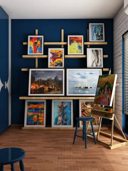 A 3D concept for a creative art studio, designed to inspire. This space features a bold color scheme, custom gallery-style shelving for displaying artwork, and a functional layout that caters to an artist's workflow.