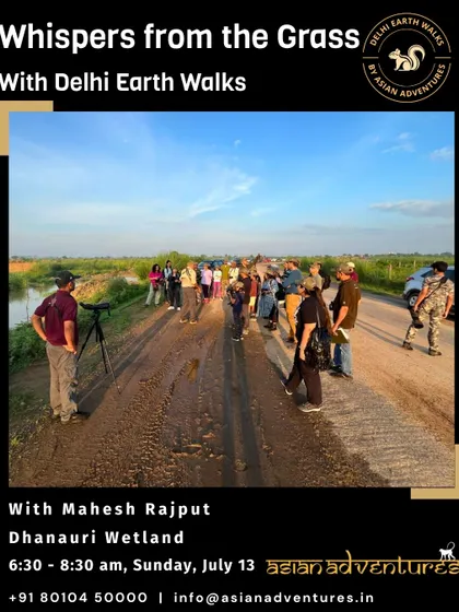 A group of participants gathered on a muddy trail at Dhanauri Wetland. Our walks happen in all seasons, offering a chance to see how the landscape and its inhabitants change.