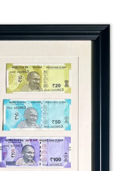 A close-up of the framed currency, showing the clean window cuts made by our computerized mat cutter. Each note is perfectly aligned and protected within the archival matting.