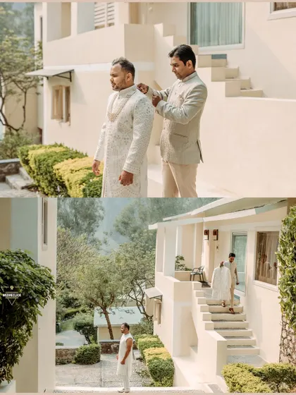 A collage showing the groom getting ready with the help of his groomsmen, a great moment of friendship and support.