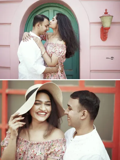A collage of happy, sun-kissed moments. These photos capture the joy and laughter of a couple in love, with bright, cheerful colors to match the mood.