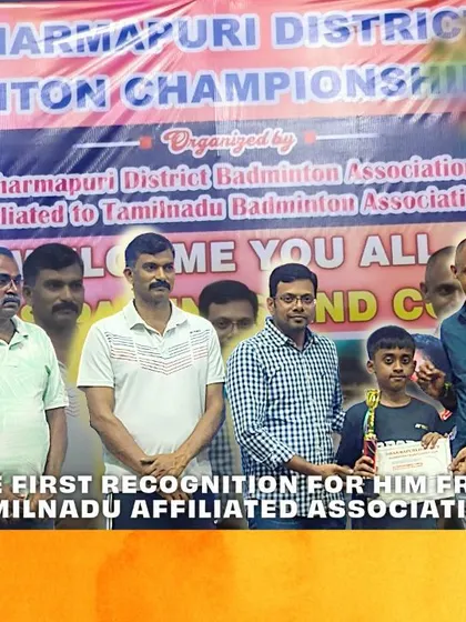 Anirvan on the podium at the Dharmapuri District Badminton Championship, a huge turnaround from his first-round defeat last year.