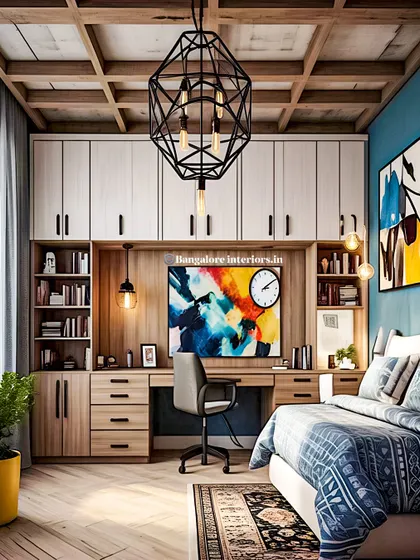 For this bedroom, I created an all-in-one furniture solution that includes a study desk, extensive overhead cabinets, and open shelving. This design makes the most of the wall space, providing ample storage while maintaining a clean, uncluttered look.