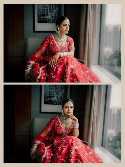 A collage of portraits by the window. The natural light beautifully highlights the details of her makeup and the elegance of her attire.