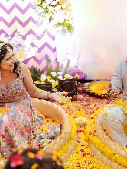 Another shot of the happy couple during their Haldi.