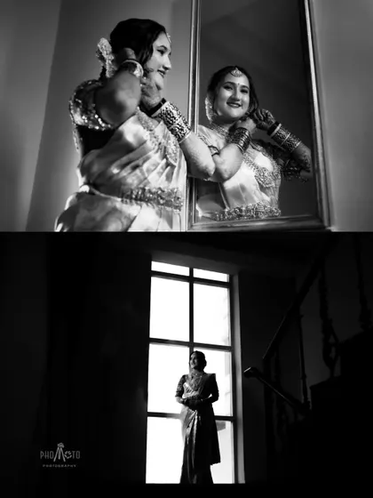 A black and white collage capturing the bride's final moments of preparation, looking in the mirror and standing by the window.