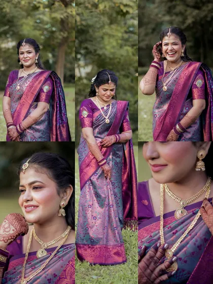 A collage of the bride's portraits from her engagement day, showcasing her joyful expressions, her complete outfit, and close-ups of her jewelry and makeup.