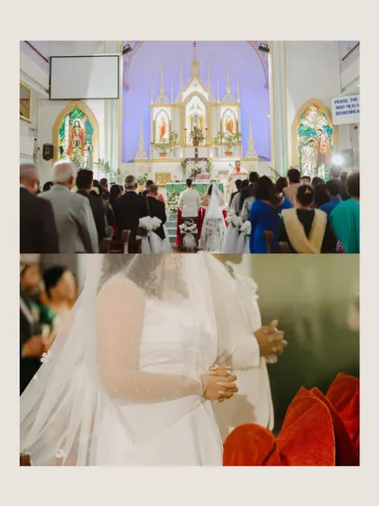 A collage of sacred moments from a church wedding ceremony. The focus on the couple's joined hands and the grandeur of the church creates a timeless feel.