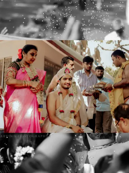 A creative collage capturing the groom's ceremony, blending colour and monochrome to highlight the traditional moments.