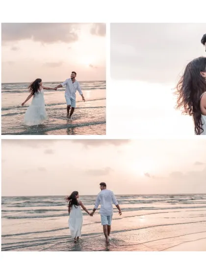 A collage capturing the soft, golden light of a sunset stroll on the beach. These sessions are designed to be relaxed, allowing for natural interactions and romantic moments by the sea.