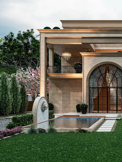 This upcoming classical residence features a grand arched window and a fountain, creating a timeless and elegant poolside facade. The warm beige material palette and layered terraces blend traditional forms with a contemporary sense of space.