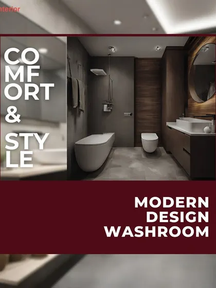 A mood board for a modern washroom, emphasizing comfort and style. The design features a minimalist bathtub, a floating toilet, and a mix of concrete and wood textures for a contemporary feel.