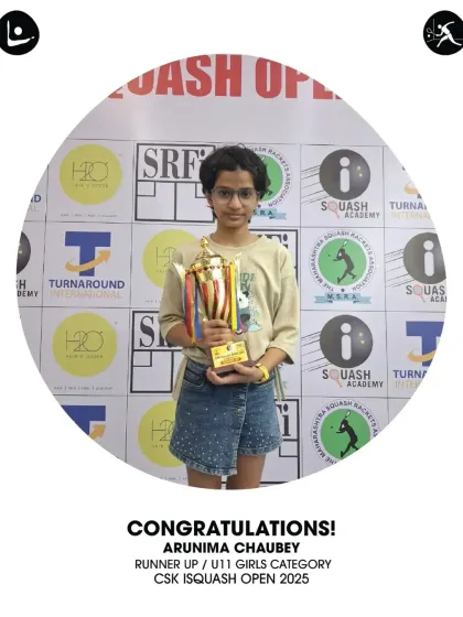 Arunima Chaubey proudly holds her Runner-Up trophy from the U11 Girls category at the CSK iSquash Open 2025.