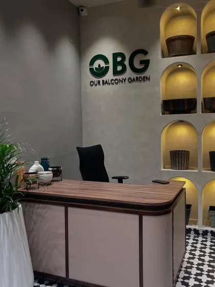 Our new store in Surathkal is opening soon! A look at the reception desk area, featuring our signature OBG branding and beautiful arched shelves to display our planters.
