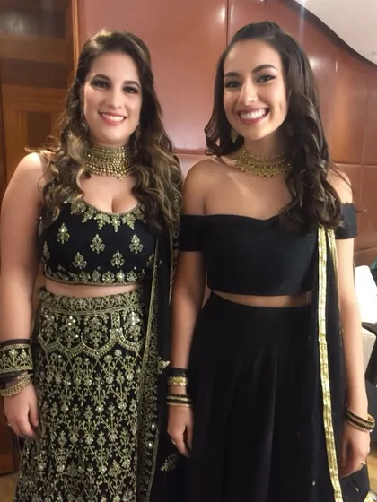 Getting these lovely ladies ready for a wedding. We opted for soft, open curls and glamorous makeup that complemented their beautiful lehengas.