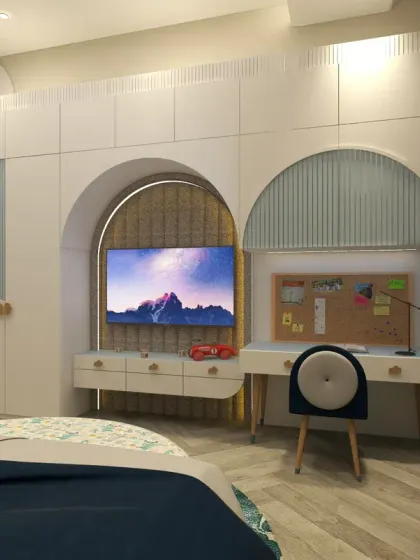 Another view of the integrated unit, showing the arched design over the TV and study area, which adds a soft, harmonious flow to the room.
