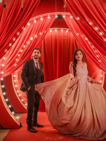 A grand entrance for a pre-wedding shoot. I styled the groom in a classic three-piece suit to match the elegance of her shimmering ball gown.