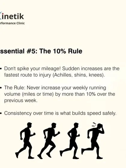 Essential number five is the 10% Rule. To avoid overuse injuries, never increase your weekly running volume by more than 10% from the previous week. Consistency is what builds speed, not sudden spikes in mileage.
