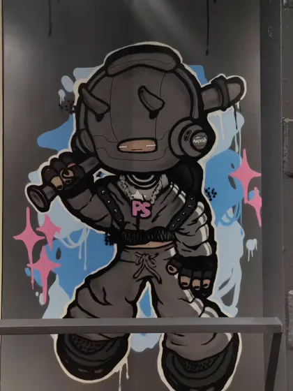 A custom character I designed for the Projekt Street store. This little guy, with his gas mask and baseball bat, adds a playful but edgy element to the store's interior design.